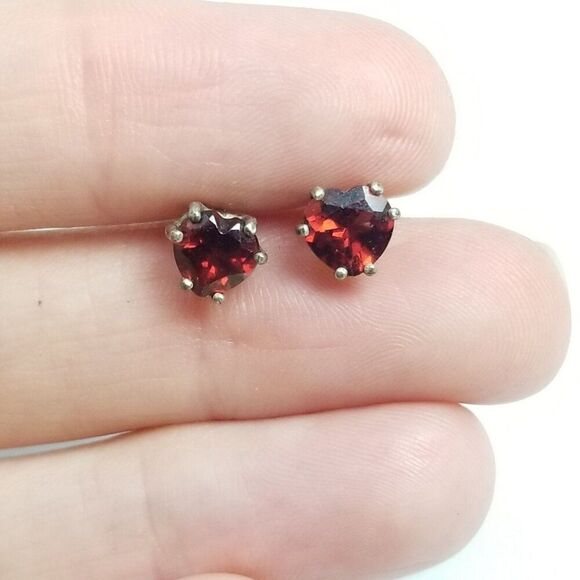 Vintage Red Rhinestone Heart Shape Stud Earrings, Silver Tone Prong Setting - Picture 2 of 6